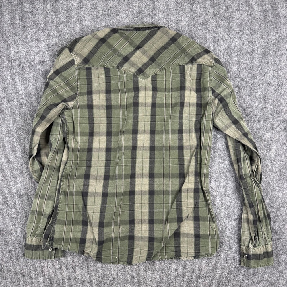 Guess Button Down Mens Size L Green Plaid Western Pearl Snap Cotton Long Sleeve - Picture 7 of 8